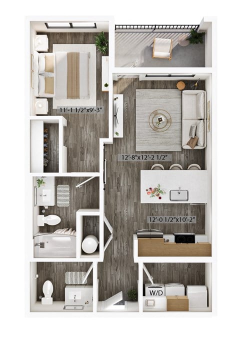 Floor plan for 1 bed, 1 bath, 672 sqft
